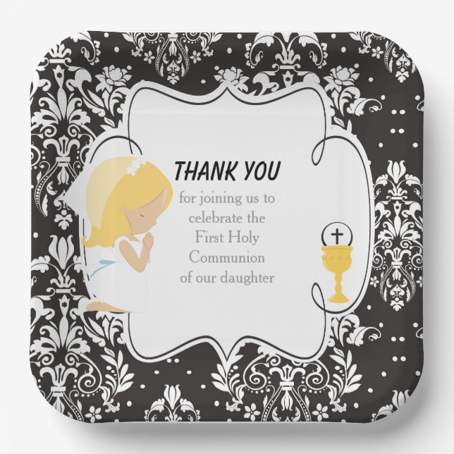 First Communion Blonde Girl Black Damask Paper Plates (Front)