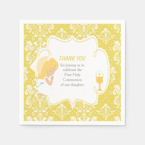 First Communion Blonde Girl Gold Damask