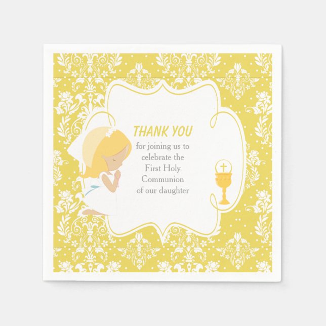 First Communion Blonde Girl Gold Damask Napkins (Front)