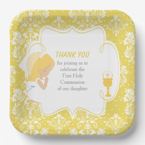 First Communion Blonde Girl Gold Damask