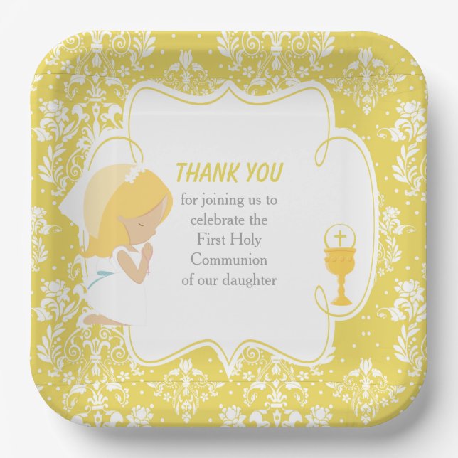 First Communion Blonde Girl Gold Damask Paper Plates (Front)