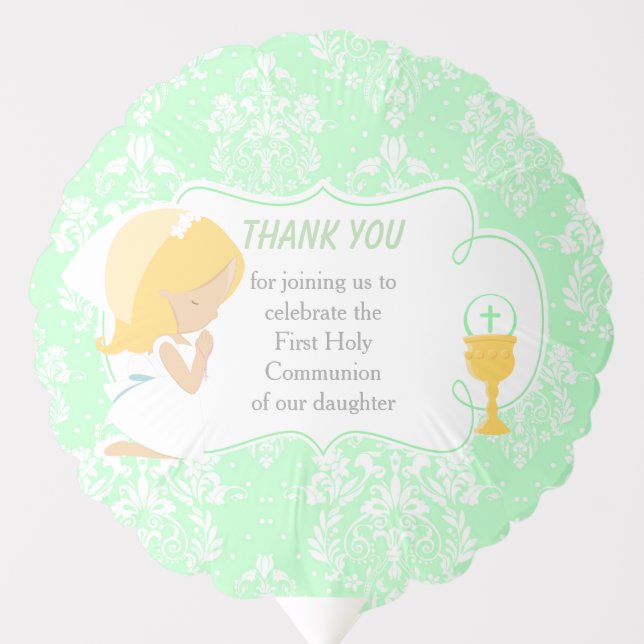 First Communion Blonde Girl Green Damask Balloon (Front)