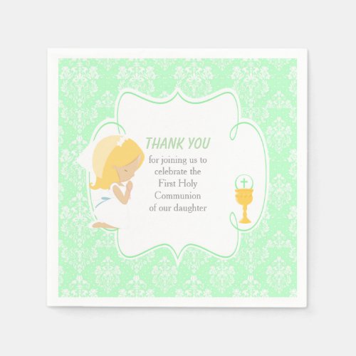 First Communion Blonde Girl Green Damask