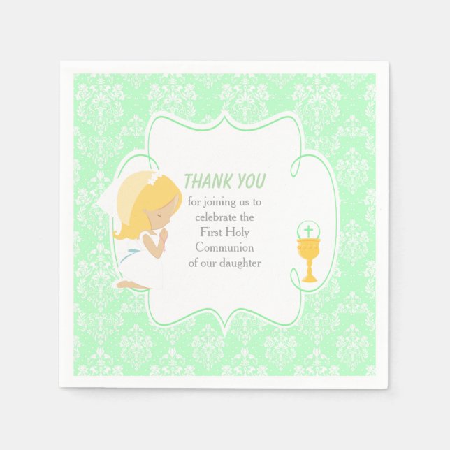 First Communion Blonde Girl Green Damask Napkins (Front)