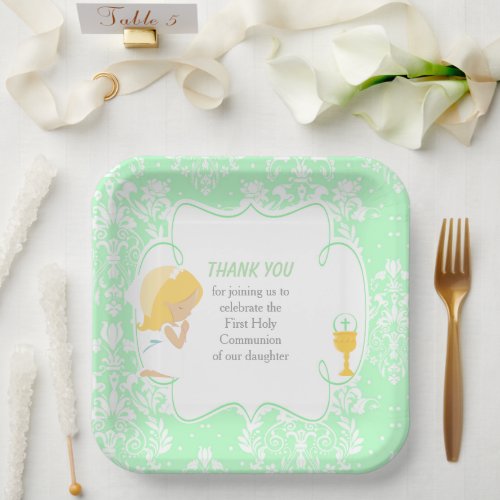 First Communion Blonde Girl Green Damask Paper Plates