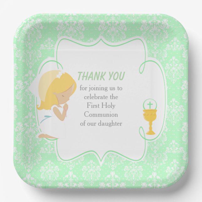 First Communion Blonde Girl Green Damask Paper Plates (Front)