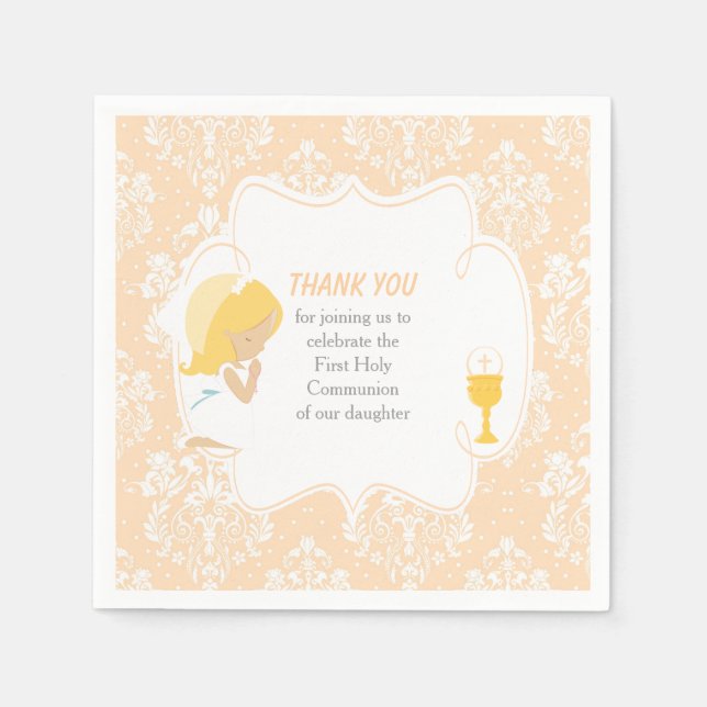 First Communion Blonde Girl Peach Damask Napkins (Front)