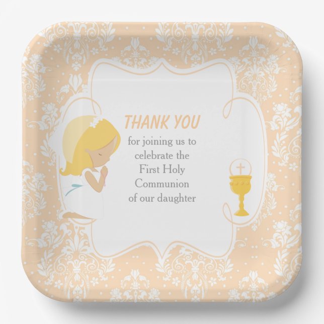First Communion Blonde Girl Peach Damask Paper Plates (Front)