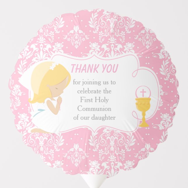 First Communion Blonde Girl Pink Damask Balloon (Front)