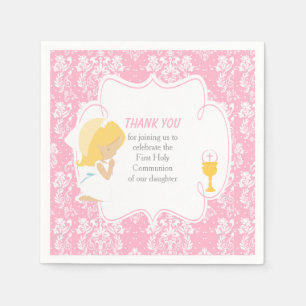First Communion Blonde Girl Pink Damask Napkins