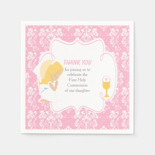 First Communion Blonde Girl Pink Damask