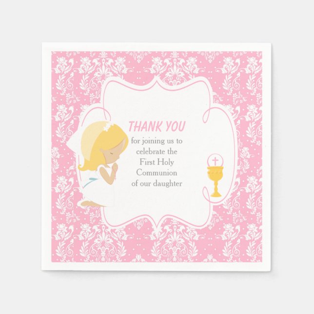First Communion Blonde Girl Pink Damask Napkins (Front)
