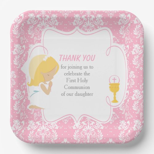 First Communion Blonde Girl Pink Damask