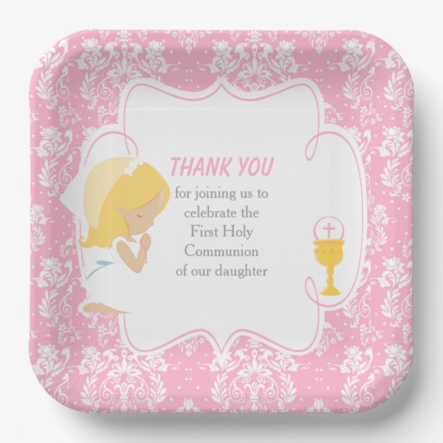 First Communion Blonde Girl Pink Damask Paper Plates (Front)