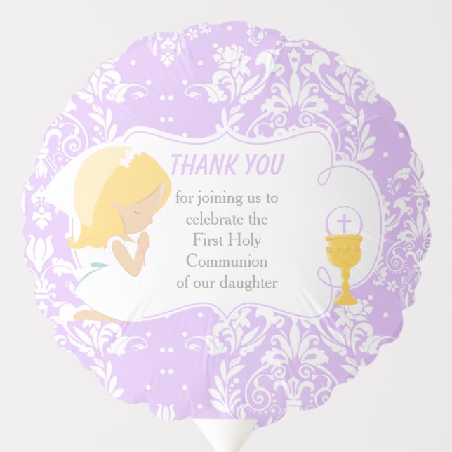 First Communion Blonde Girl Purple Damask Balloon (Front)