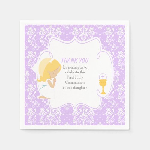 First Communion Blonde Girl Purple Damask