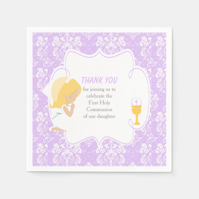 First Communion Blonde Girl Purple Damask Napkins (Front)