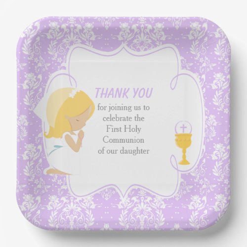 First Communion Blonde Girl Purple Damask