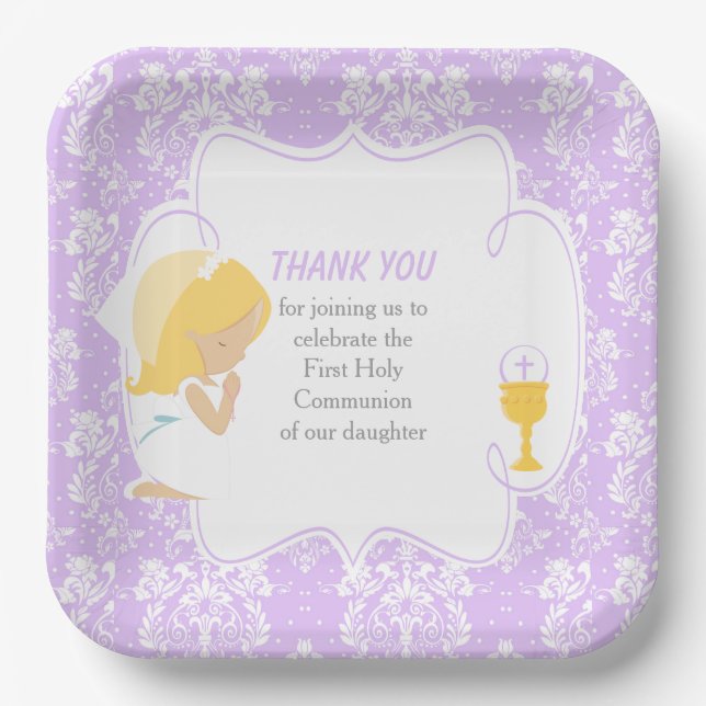 First Communion Blonde Girl Purple Damask Paper Plates (Front)