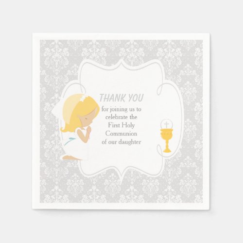 First Communion Blonde Girl Silver Damask