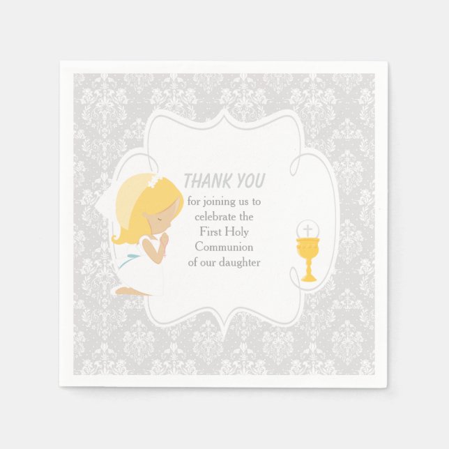 First Communion Blonde Girl Silver Damask Napkins (Front)