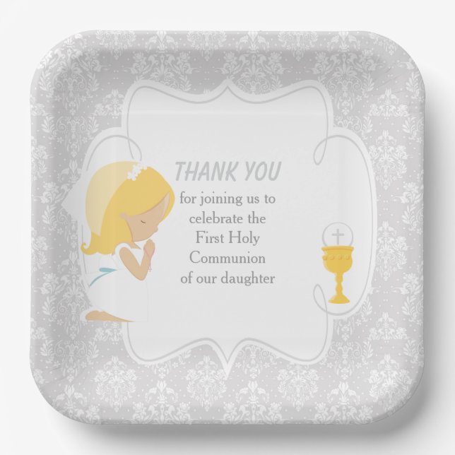 First Communion Blonde Girl Silver Damask Paper Plates (Front)