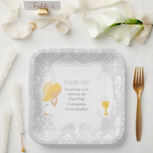 First Communion Blonde Girl Silver Damask Paper Plates