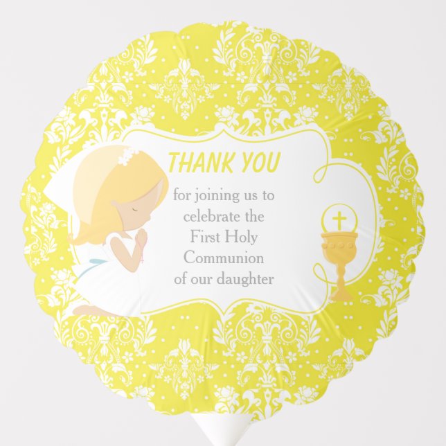 First Communion Blonde Girl Yellow Damask Balloon (Front)