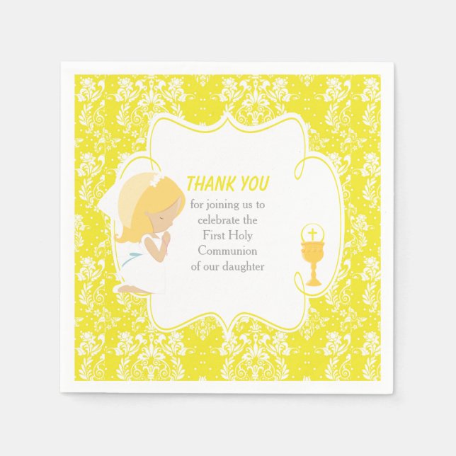 First Communion Blonde Girl Yellow Damask Napkins (Front)