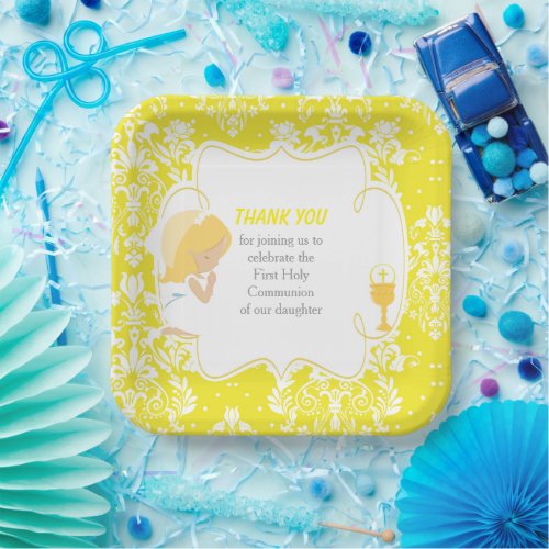 First Communion Blonde Girl Yellow Damask Paper Plates