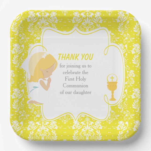First Communion Blonde Girl Yellow Damask Paper Plates (Front)