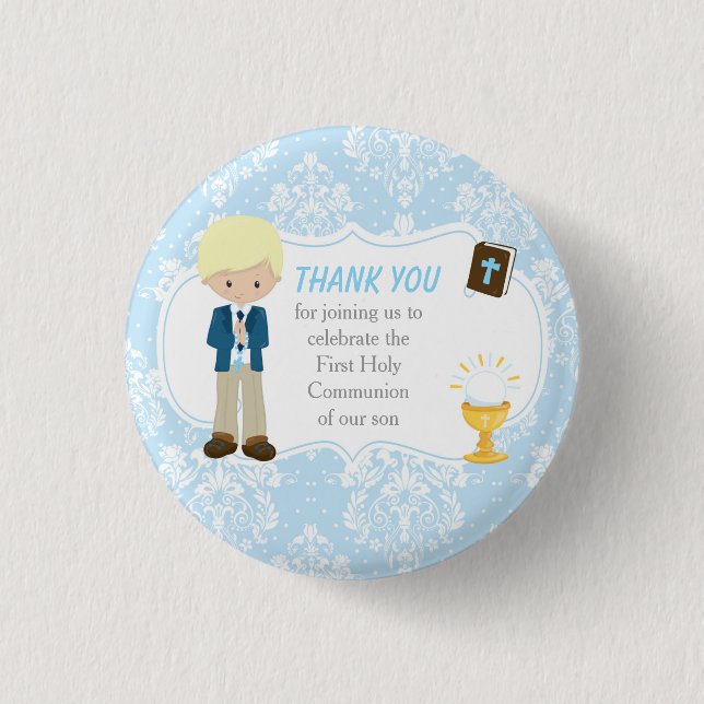 First Communion Blonde Hair Boy Thank You Button (Front)