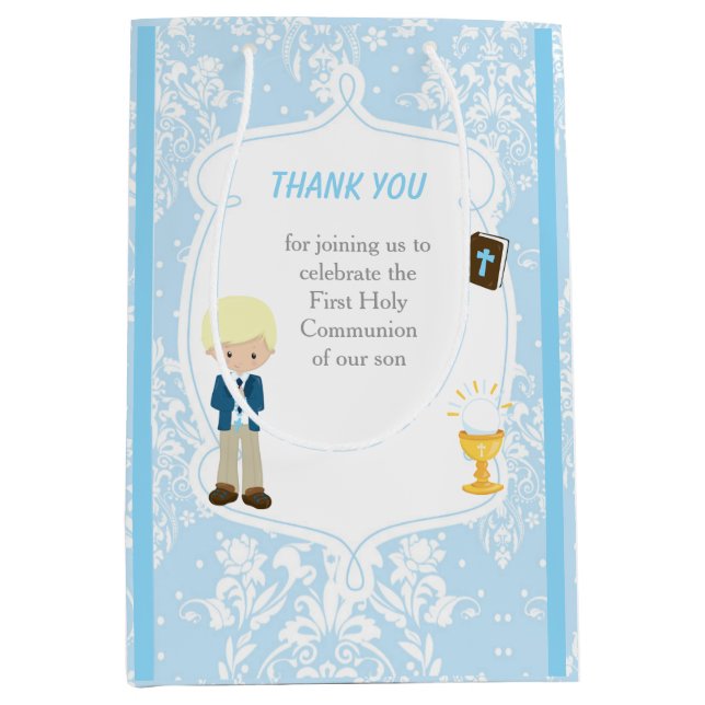 First Communion Blonde Hair Boy Thank You Medium Gift Bag (Front)
