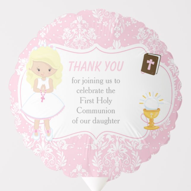 First Communion Blonde Hair Girl Thank You Balloon (Front)