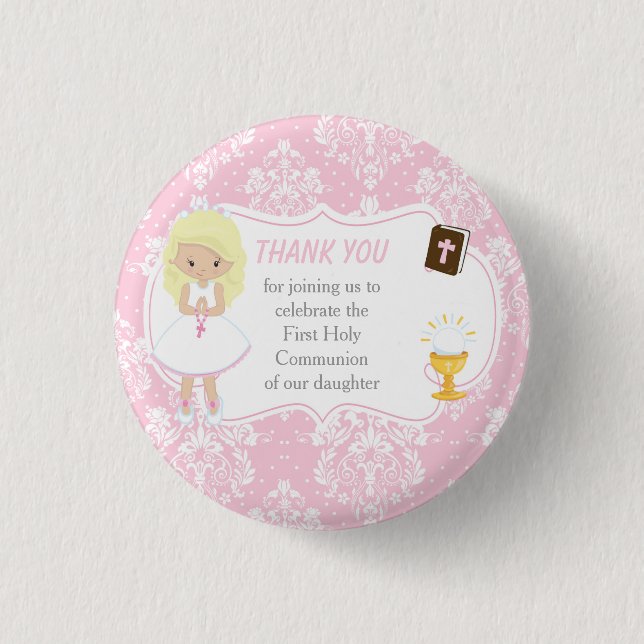 First Communion Blonde Hair Girl Thank You Button (Front)