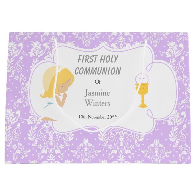 First Communion Blonde Hair Girl Thank You Large Gift Bag (Front)