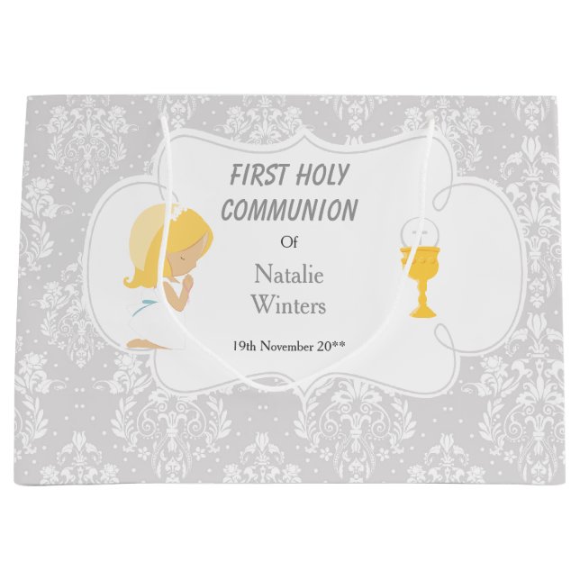 First Communion Blonde Hair Girl Thank You Large Gift Bag (Front)