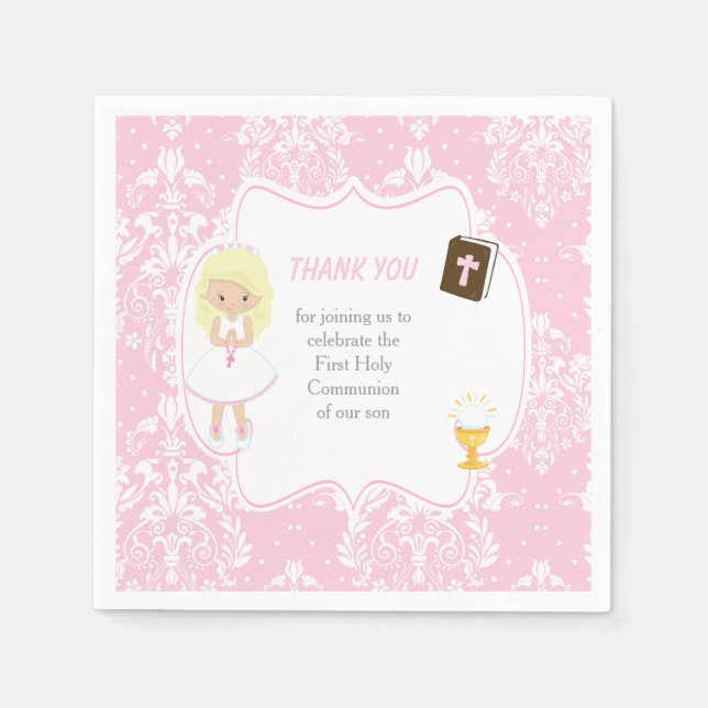 First Communion Blonde Hair Girl Thank You Napkins (Front)