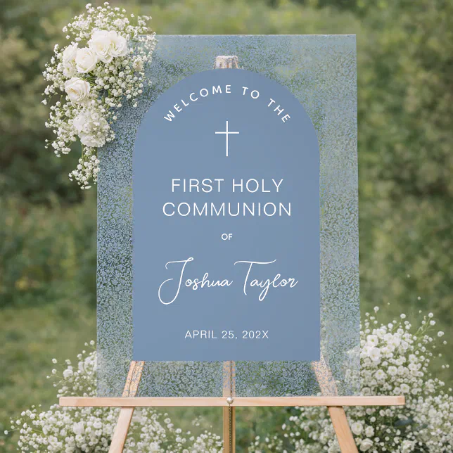 First Communion Welcome Sign First Communion Blue Arch Floral Pattern Welcome Acrylic Sign | Zazzle