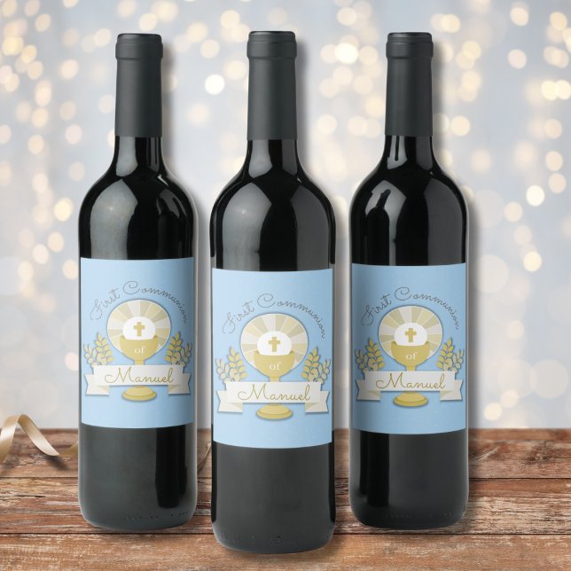 First communion, blue first communion wine label (Creator Uploaded)