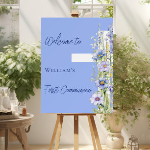 First Communion blue floral cross boy welcome sign