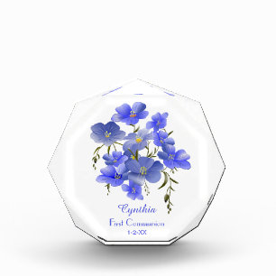 First Communion Blue Flowers Personalized Photo Block