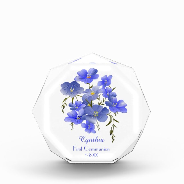 First Communion Blue Flowers Personalized Photo Block (Front)