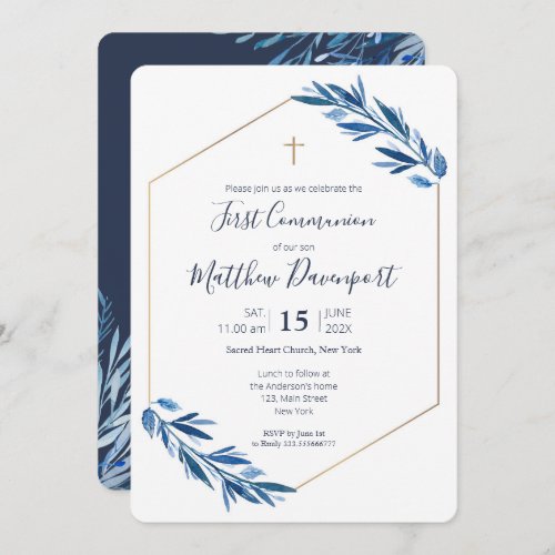 First Communion Blue foliage Invitation