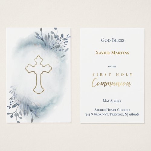 First Communion blue foliage remembrance card