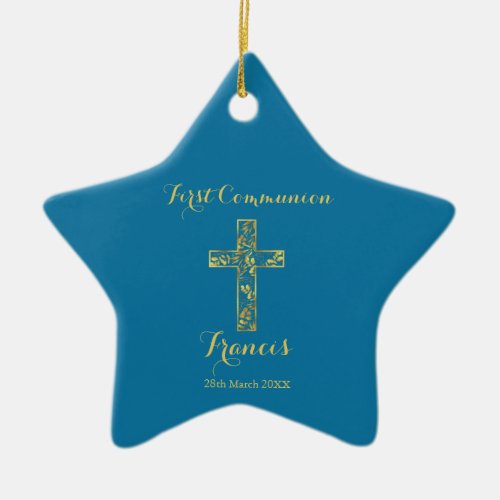 First communion blue gold cross boys ceramic ornament