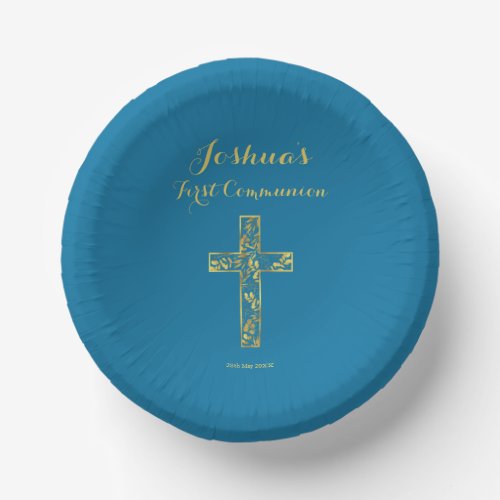 First communion blue gold cross boys name paper bowls