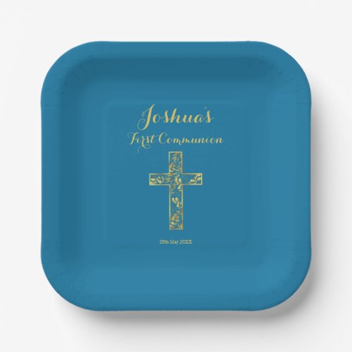 First communion blue gold cross boys name paper pl paper plates