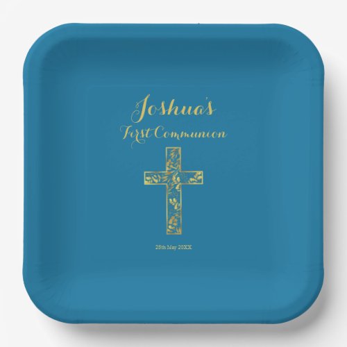 First communion blue gold cross boys name paper plates
