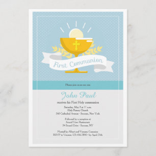 First Communion Blue Polkadot Invitation
